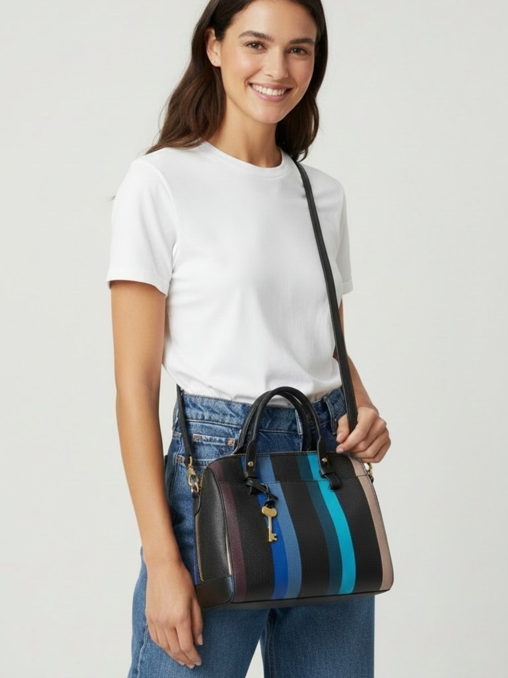 Fossil Striped Leather Satchel Shoulder Bag - Black with Blue & Teal Accents